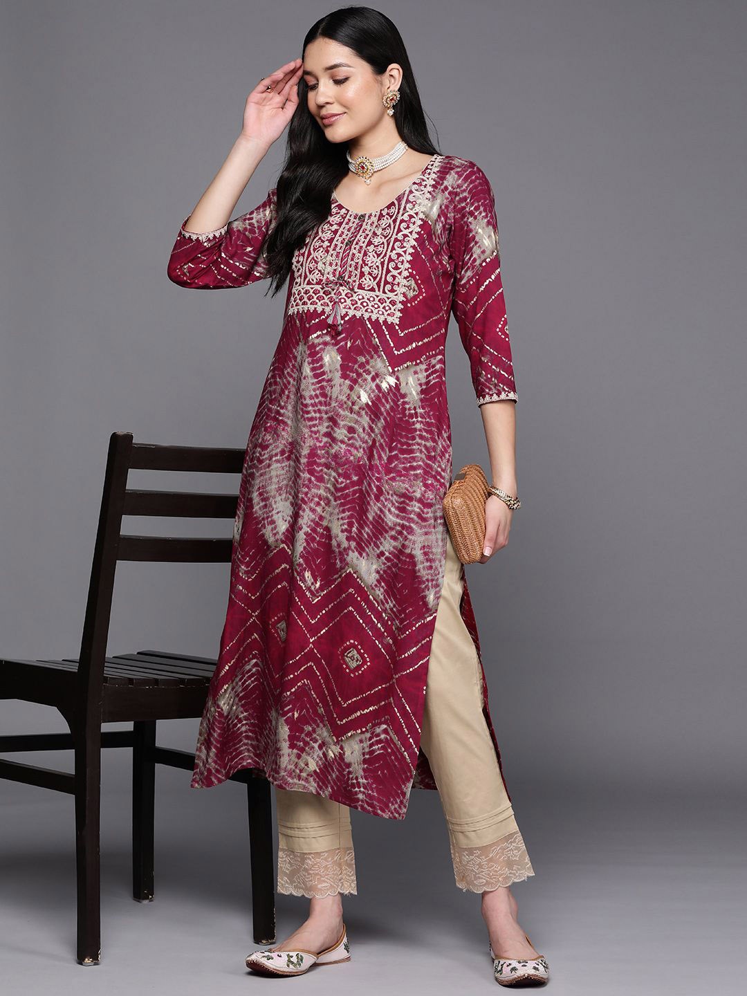 

Libas Abstract Printed Mirror work Scoop Neck Straight Kurta, Magenta