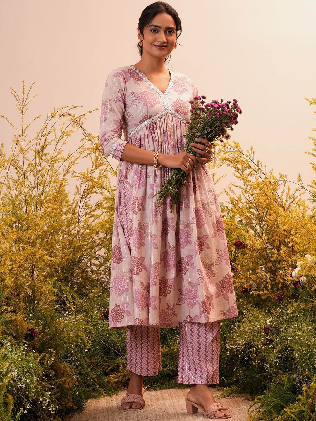 

Libas Floral Printed Gotta Patti Empire Pure Cotton A-Line Kurta with Trousers, Mauve