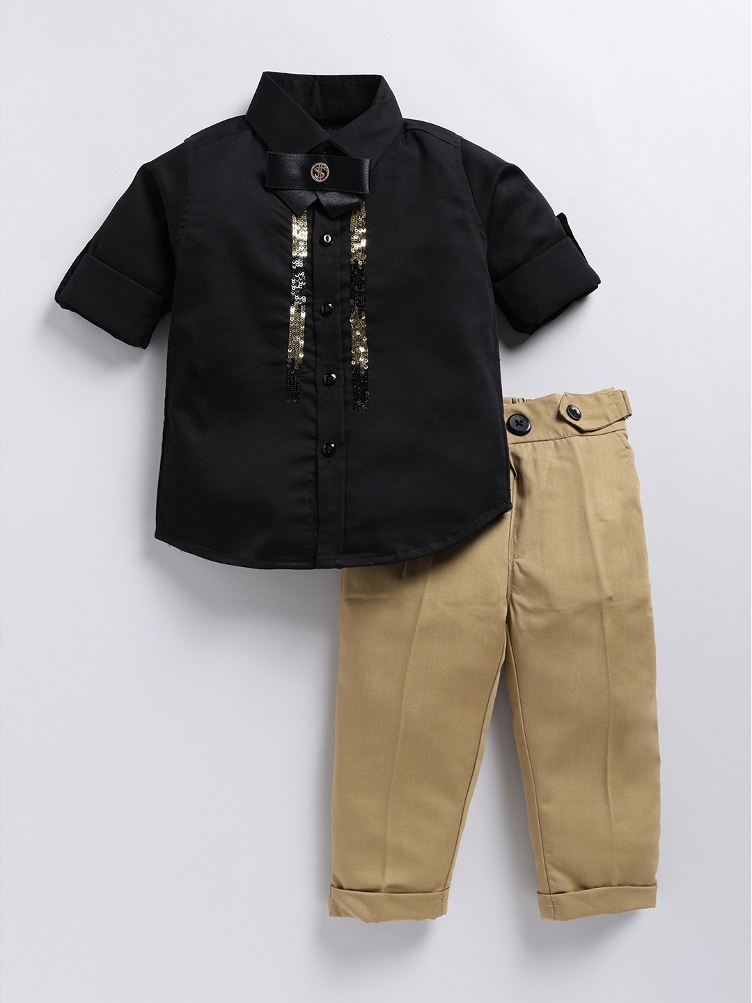 

LITTLE COLLARS Boys Embellished Long Sleeves Shirt With Trouser, Black