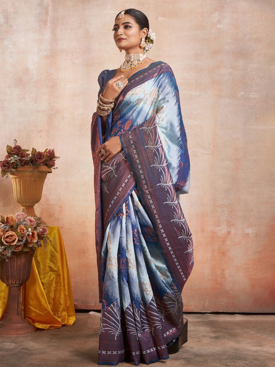 

ZIKARAA Woven Design Zari Kanjeevaram Pure Silk Saree, Blue