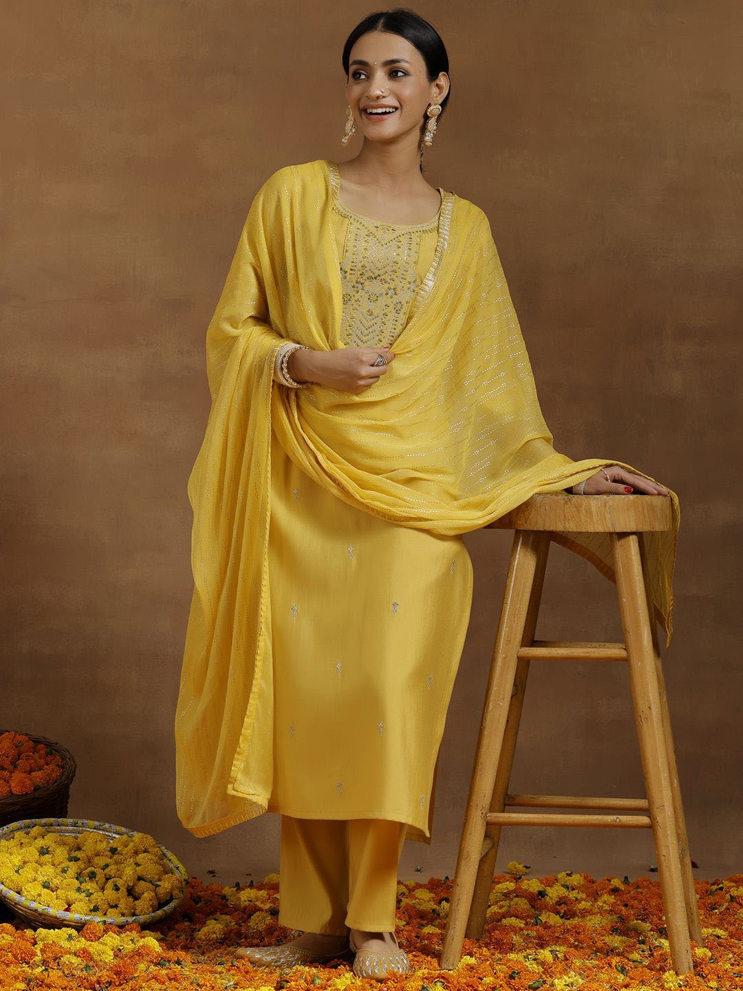 

Libas Sequinned Round Neck Straight Kurta With Trousers And Dupatta, Yellow
