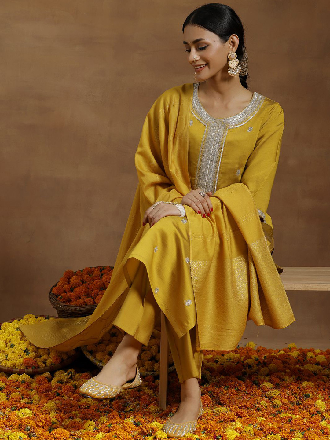 

Libas Floral Embroidered Sequinned Straight Kurta With Trousers And Dupatta, Mustard