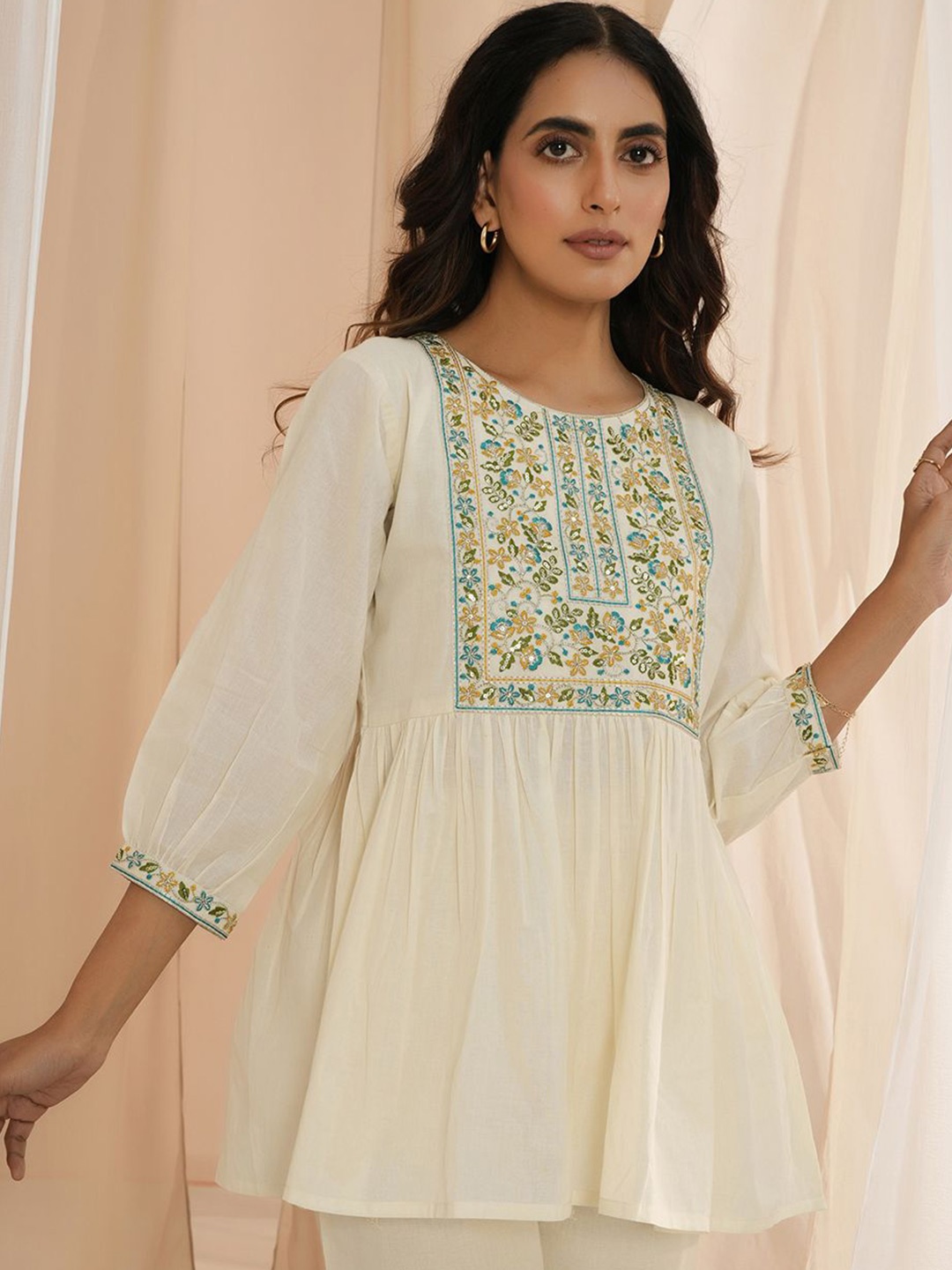 

Libas Floral Yoke Design Thread Work Pure Cotton Pleated A-Line Kurti, Off white