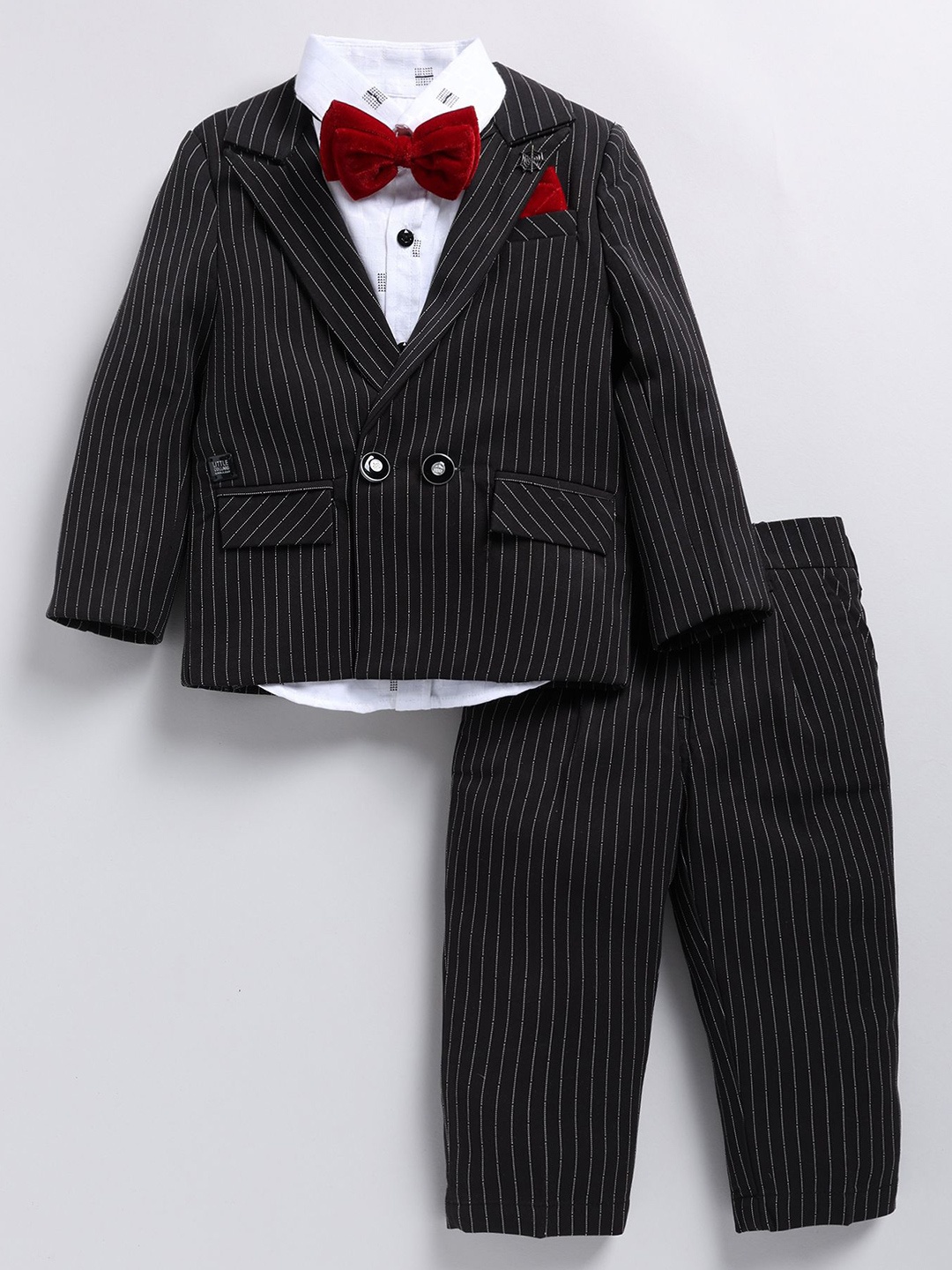 

LITTLE COLLARS Boys Striped Long Sleeve Double-Breasted Four-Piece Suit, Black