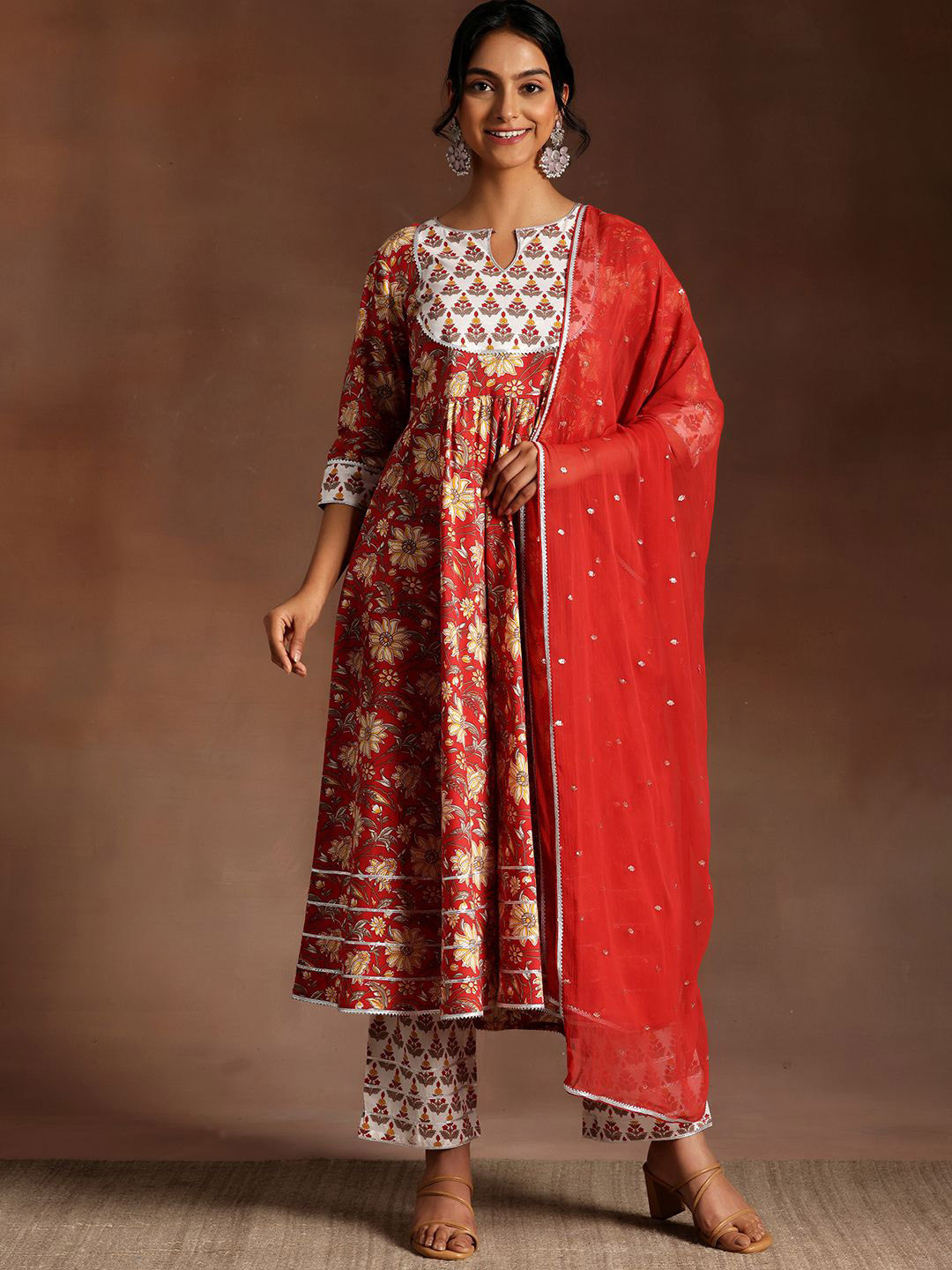 

Libas Floral Printed Gotta Patti Pure Cotton Anarkali Kurta With Trouser And Dupatta, Red