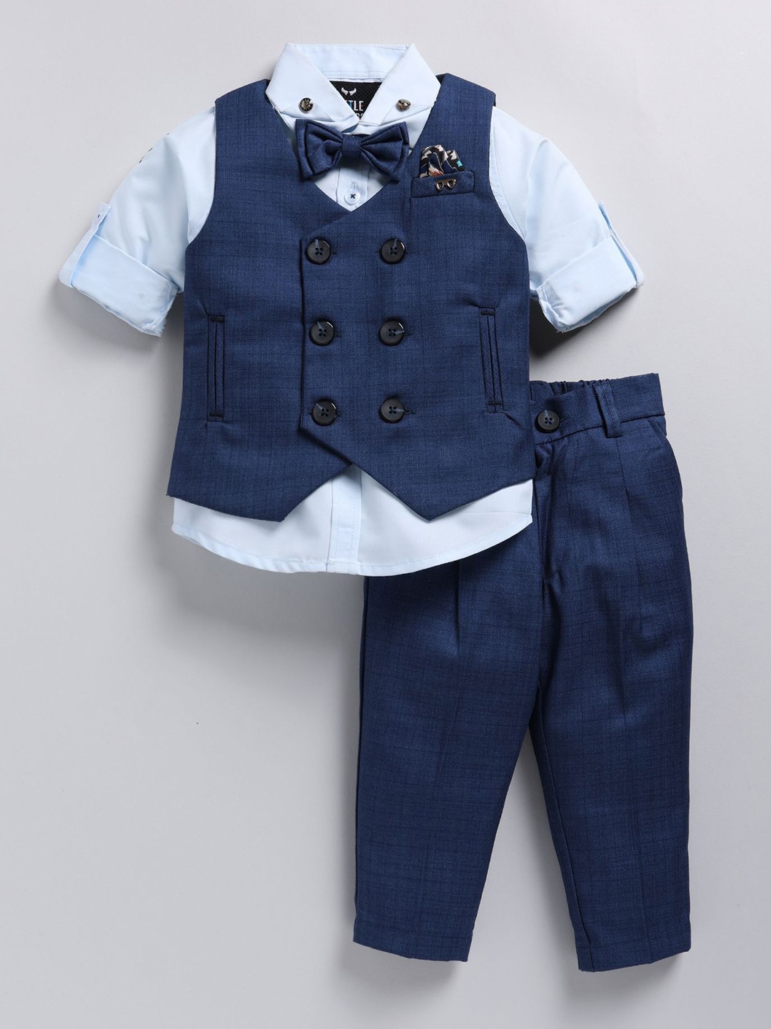 

LITTLE COLLARS Boys Checked V-Neck Double-Breasted 4 Piece Suit, Blue