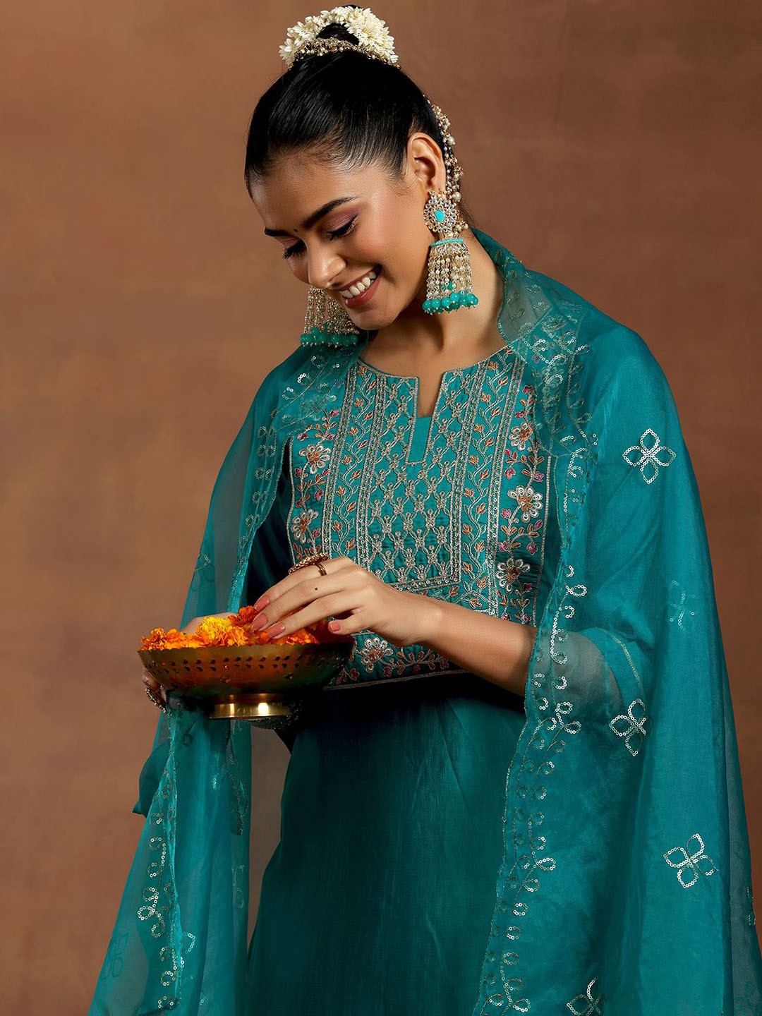 

Libas Floral Yoke Design Embroidered Sequinned Notch Neck Kurta With Trousers And Dupatta, Teal