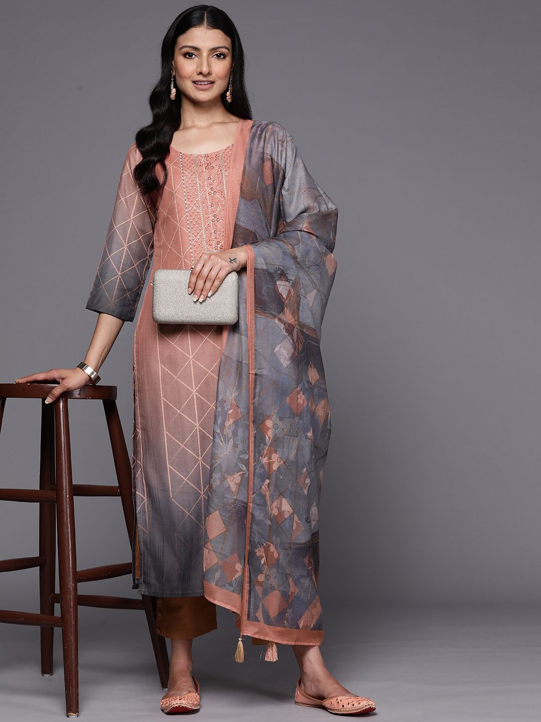 

Libas Geometric Printed Sequinned Straight Kurta With Trousers And Dupatta, Peach