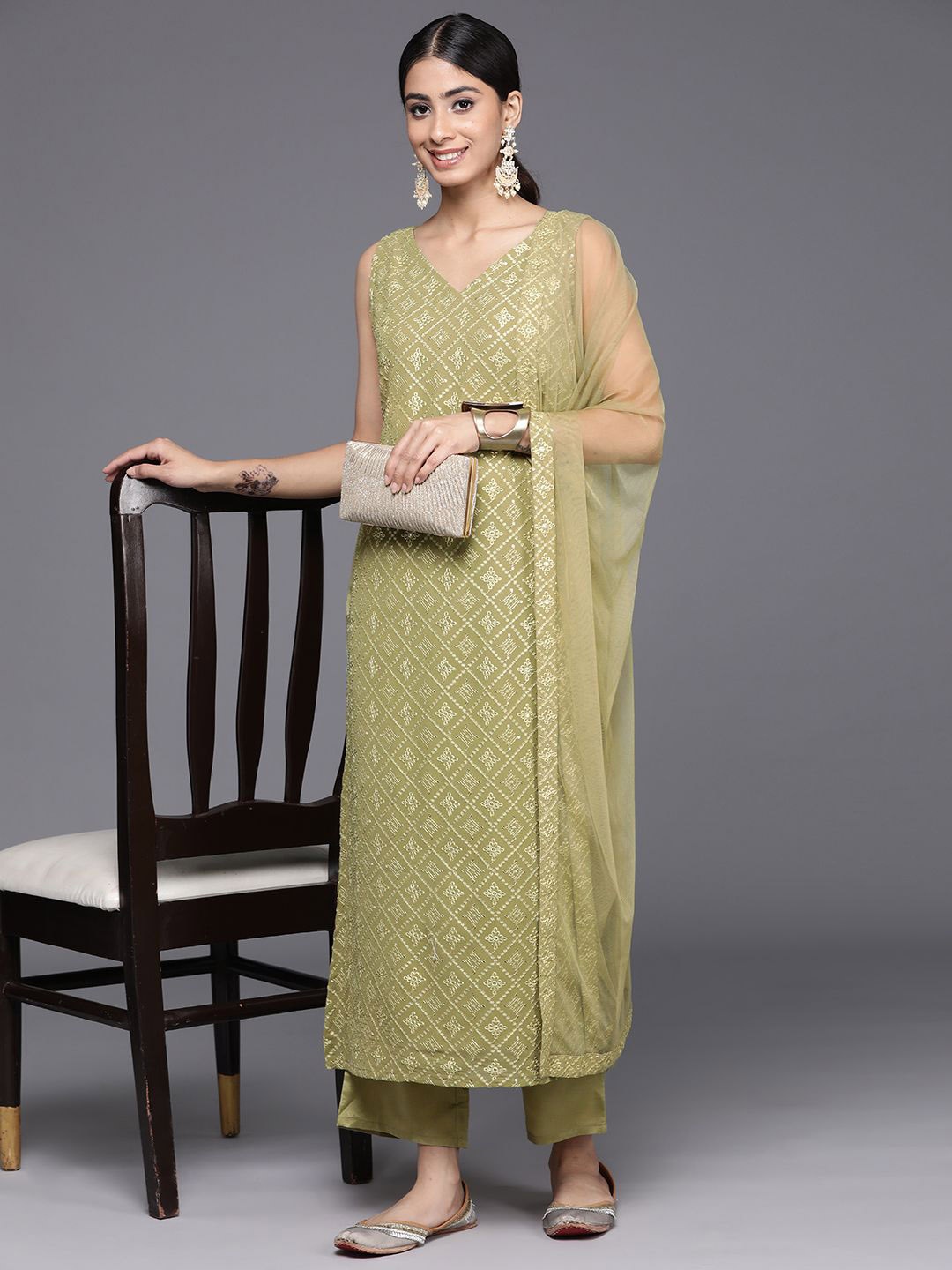 

Libas Ethnic Motifs Embroidered Sequinned Kurta With Trousers And Dupatta, Olive