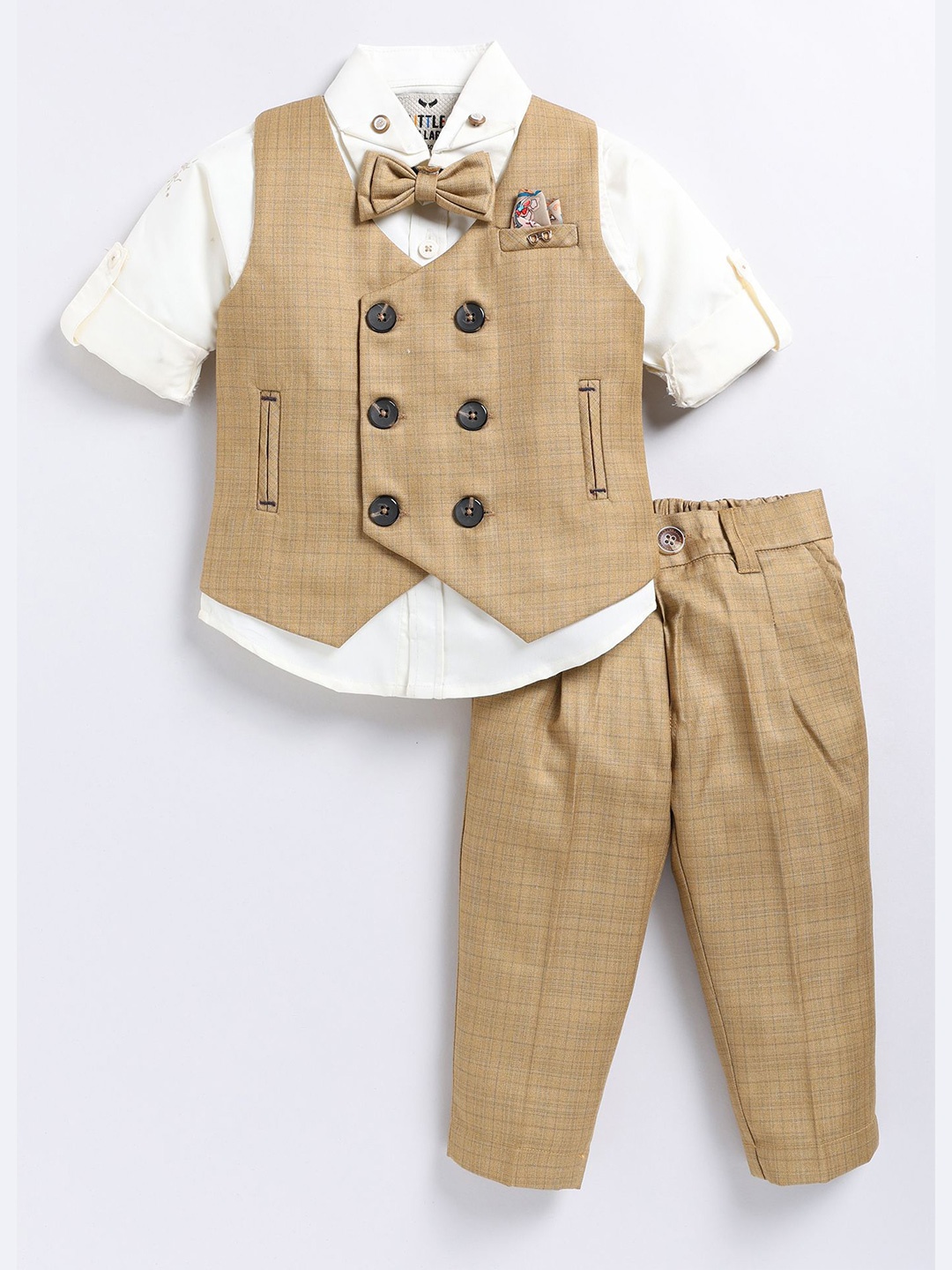 

LITTLE COLLARS Boys Checked V-Neck Double-Breasted 4 Piece Suit, Khaki