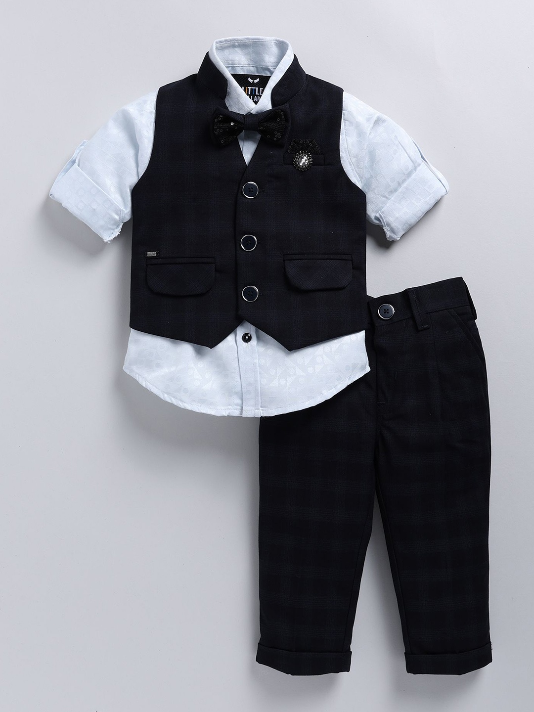 

LITTLE COLLARS Boys Checked Mandarin Collar Single Breasted 4 Piece Suit, Navy blue
