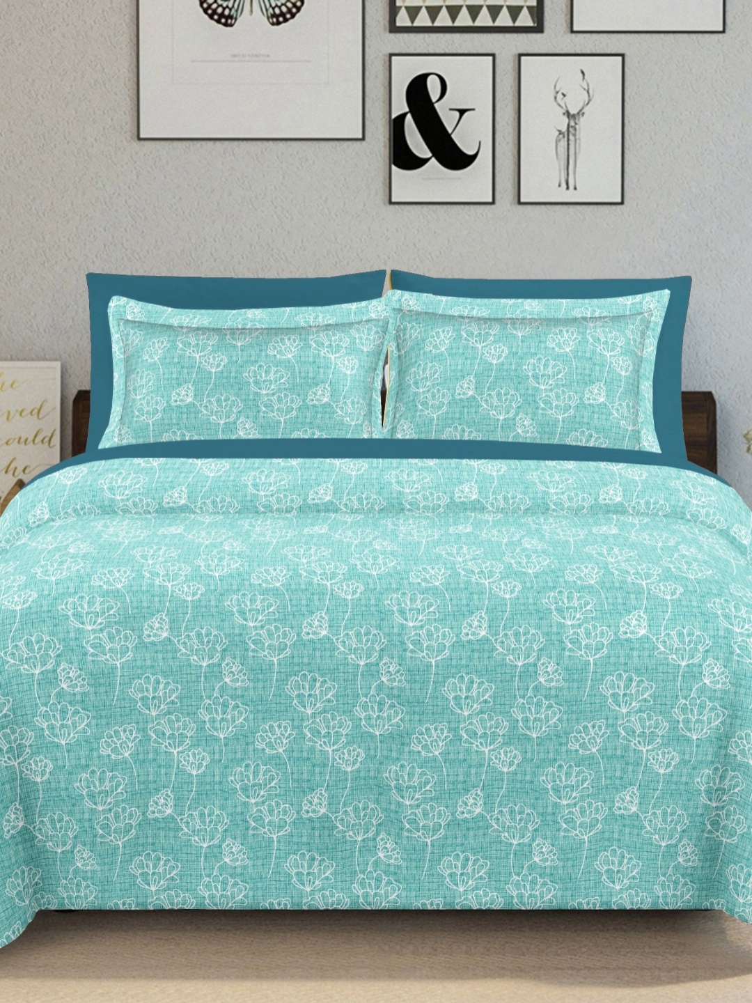 

Ariana Turquoise Blue Floral Printed 144 TC Cotton King Bedsheet Set 2.70 m x 2.25 m