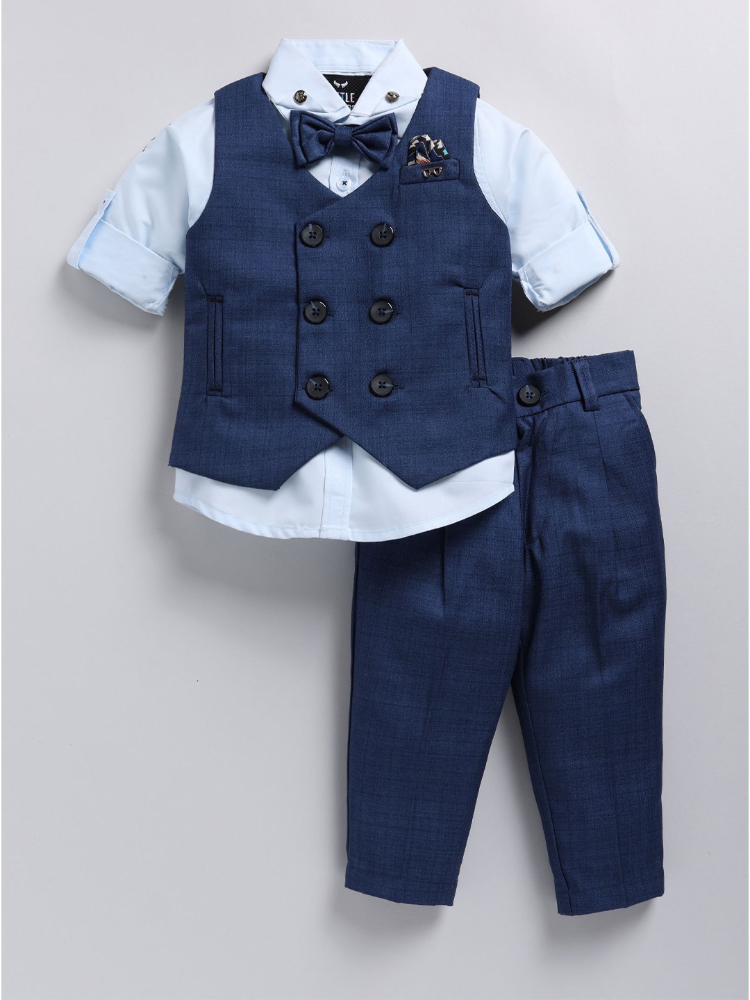 

LITTLE COLLARS Boys Checked V-Neck Double-Breasted 4 Piece Suit, Blue