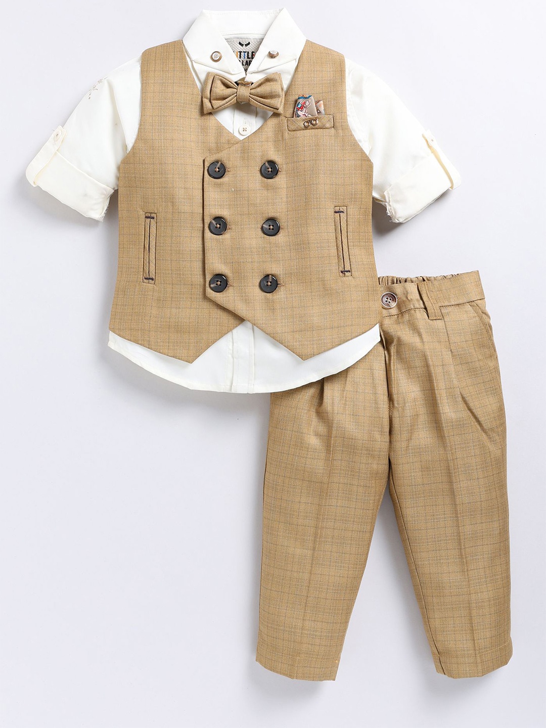 

LITTLE COLLARS Boys Checked V-Neck Double-Breasted 4 Piece Suit, Khaki