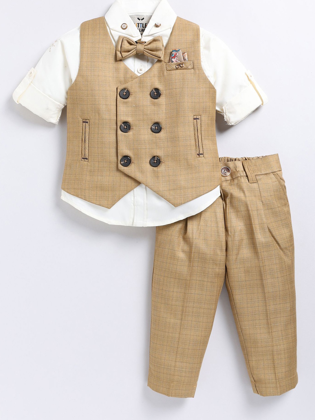 

LITTLE COLLARS Boys Checked V-Neck Double-Breasted 4 Piece Suit, Khaki