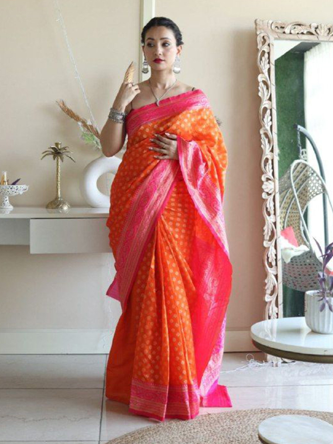 

ZIKARAA Woven Design Zari Pure Silk Saree, Orange
