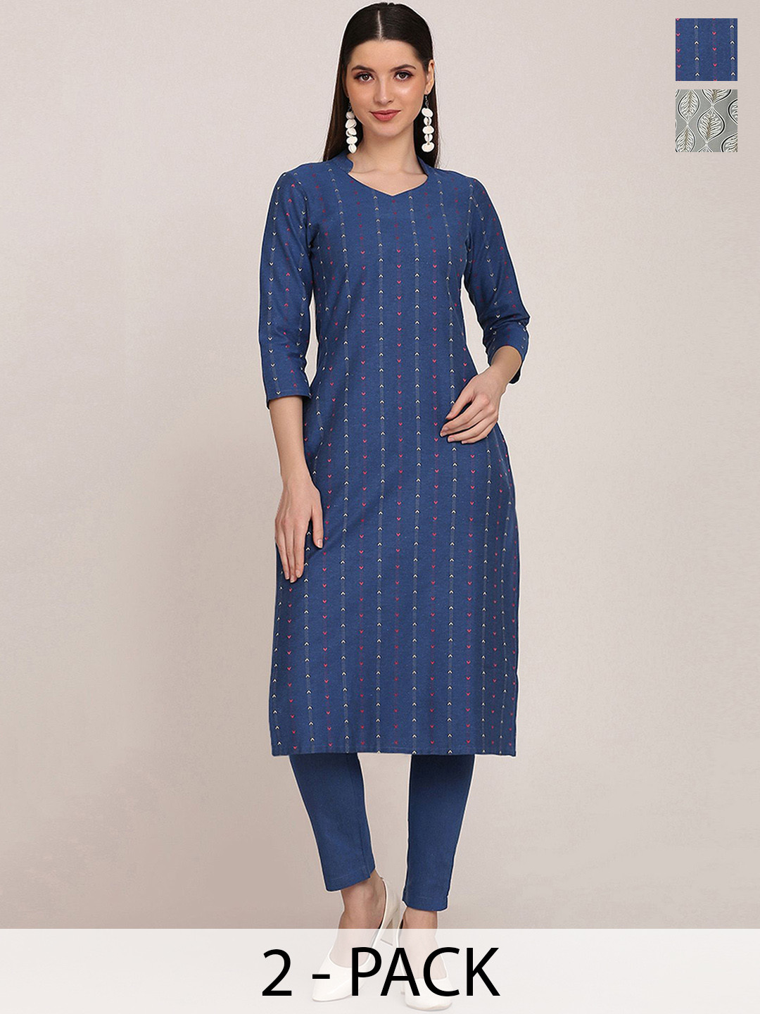 

KALINI Selection Of 2 Striped Mandarin Collar Dobby Straight Kurta with Trousers, Navy blue