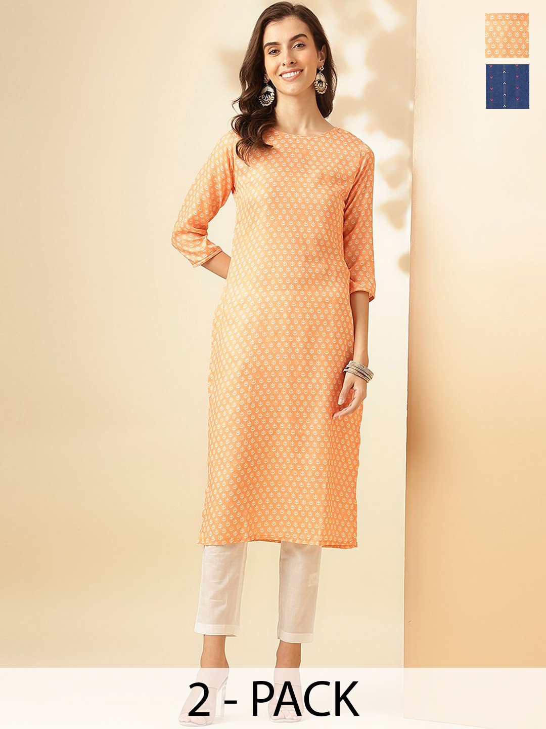 

KALINI Selection of 2 Ethnic Motifs Printed Round Neck Straight Kurta with Trousers, Peach