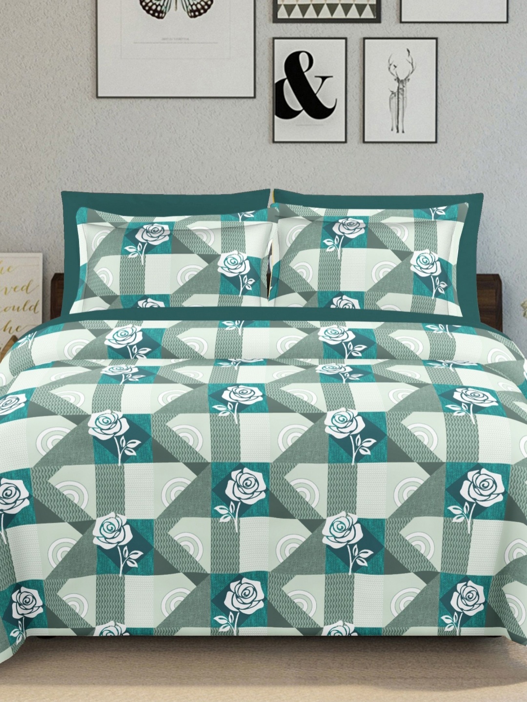 

Ariana Turquoise Blue Floral Printed 144 TC Cotton King Bedsheet Set 2.70 m x 2.25 m