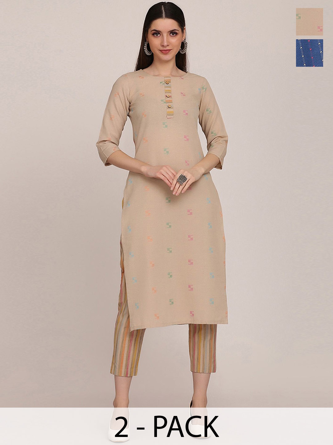 

KALINI Selection Of 2 Woven Design Round Neck Straight Kurtas with Trousers, Beige