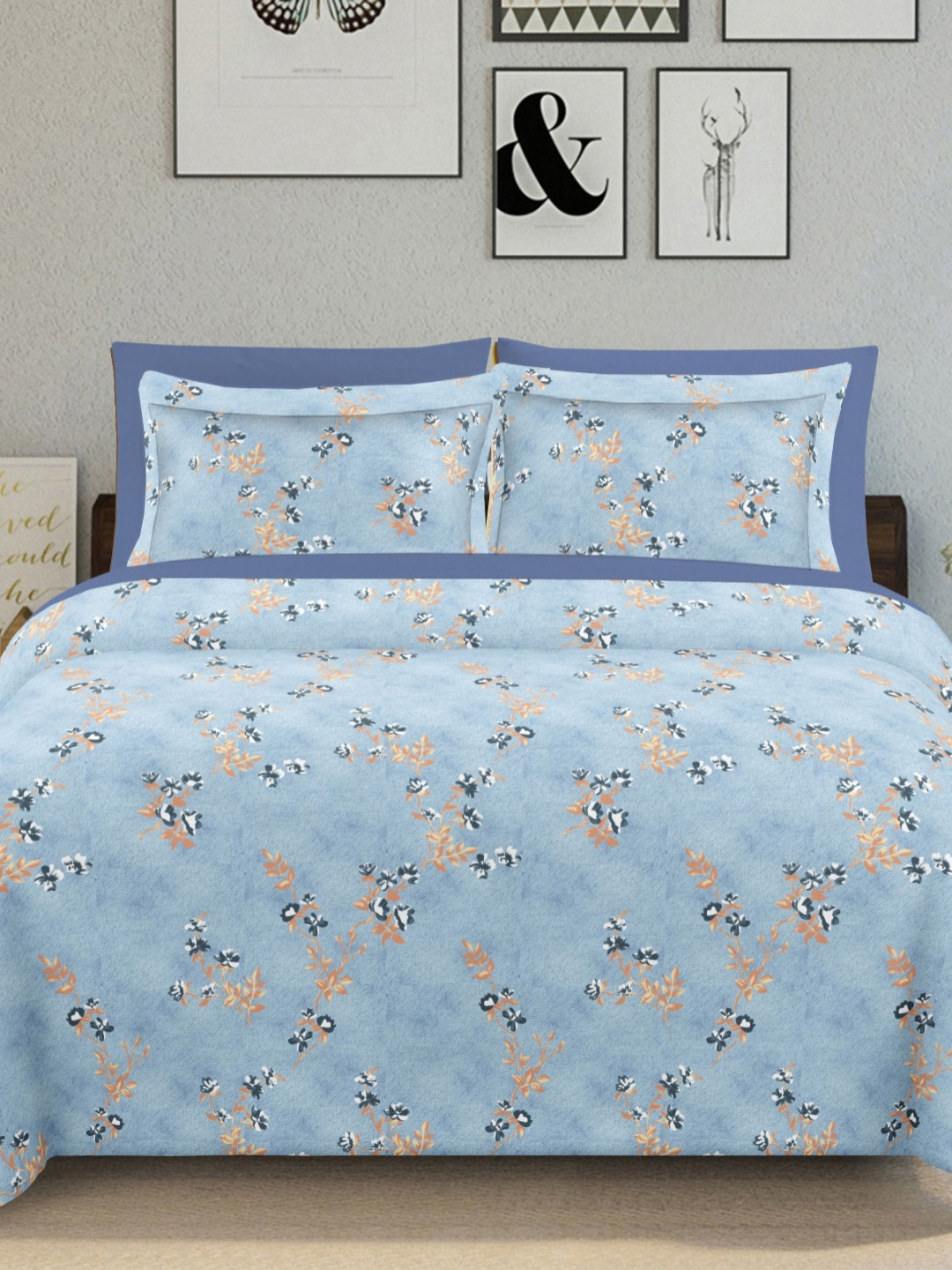 

Ariana Blue & Peach-Coloured Printed 144 TC Cotton King Bedsheet Set 2.70 m x 2.25 m