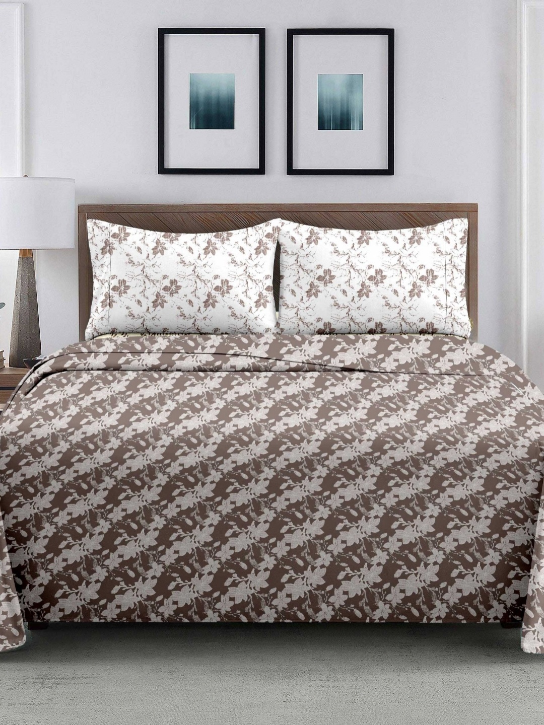 

Ariana Brown & Grey Floral Printed 210 TC Cotton King Bedsheet Set 2.70 m x 2.70 m