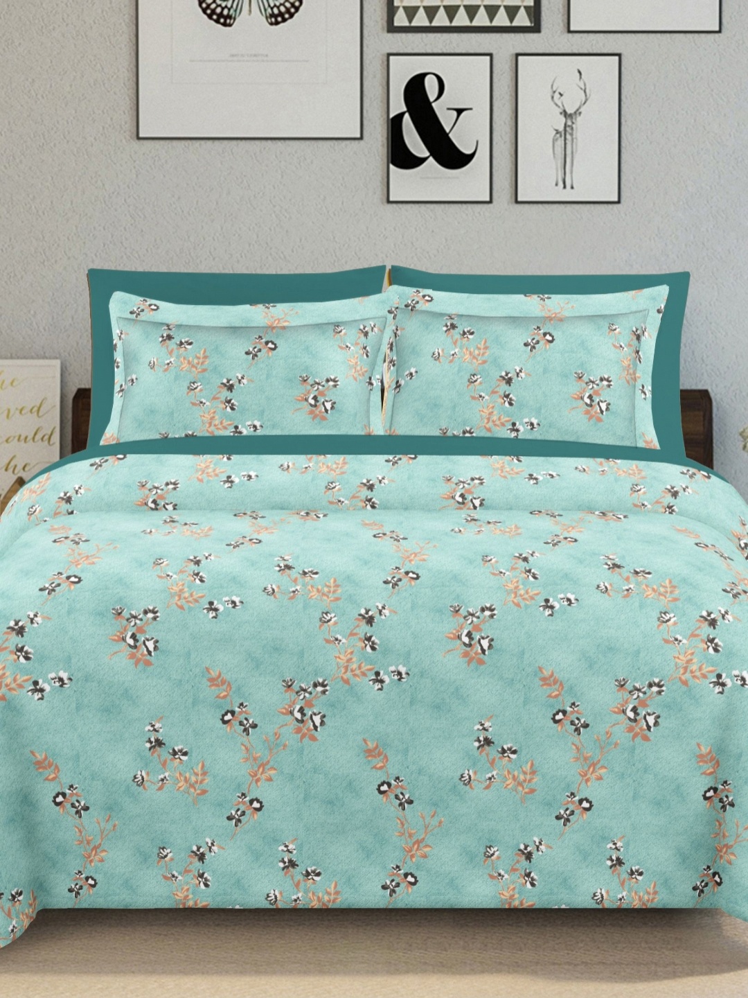 

Ariana Turquoise Blue Floral Printed 144 TC Cotton King Bedsheet Set 2.70 m x 2.25 m