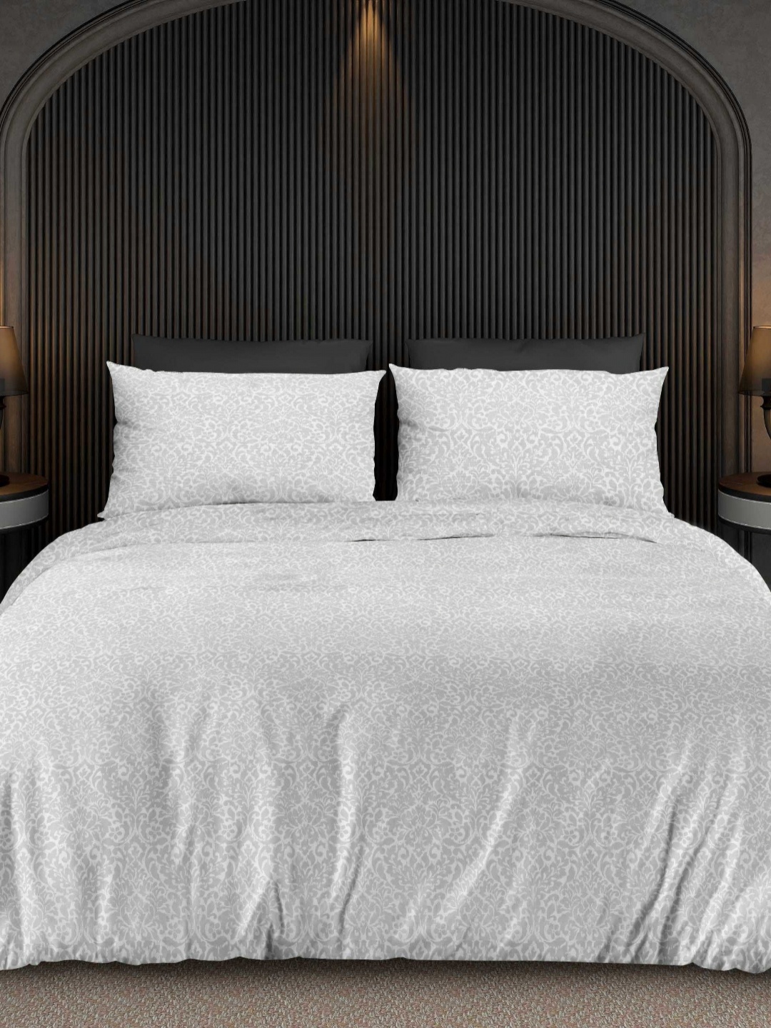 

Ariana Silver-Toned & White Printed 300 TC Cotton King Bedsheet Set 2.70 m x 2.70 m