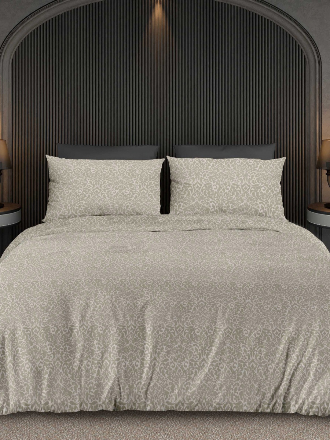 

Ariana Beige & Grey Printed 300 TC Cotton King Bedsheet Set 2.70 m x 2.70 m