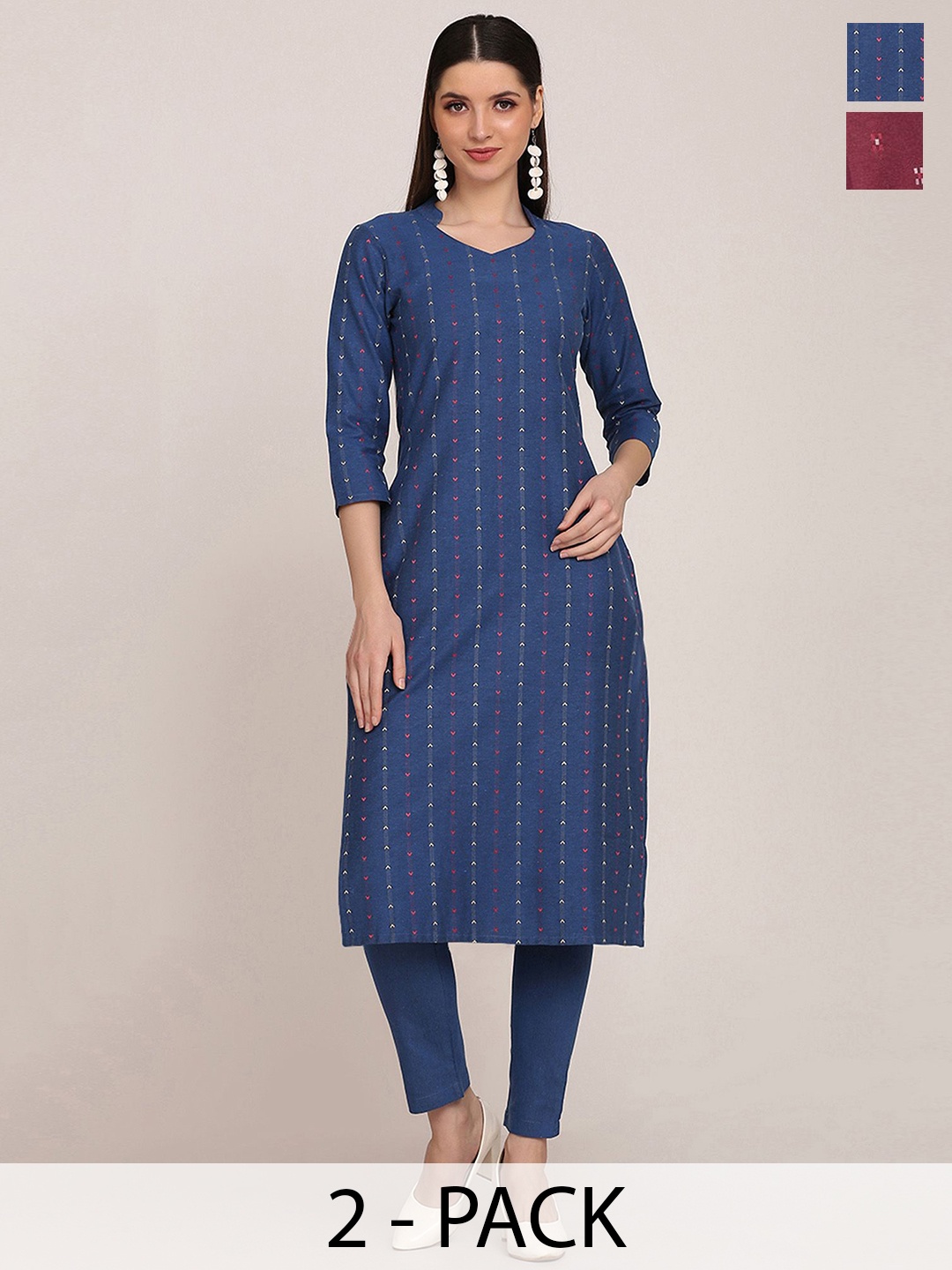 

KALINI Selection Of 2 Striped Mandarin Collar Straight Kurta With Trousers, Navy blue