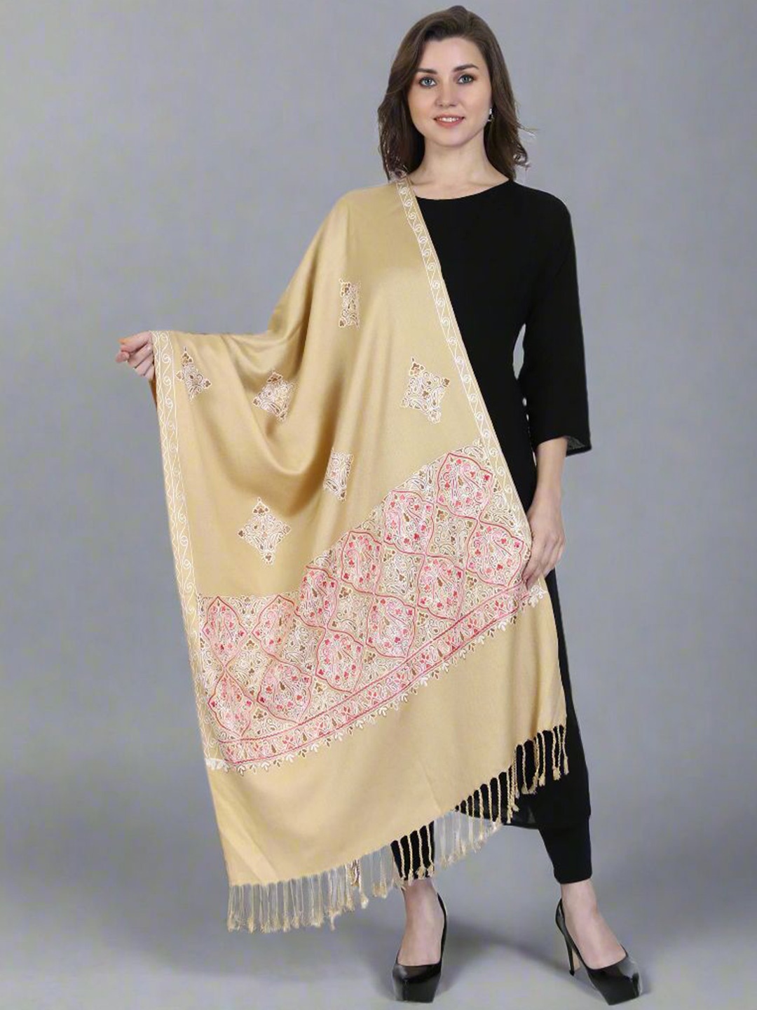 

SWI Stylish Women Floral Embroidered Tasselled Stoles, Beige