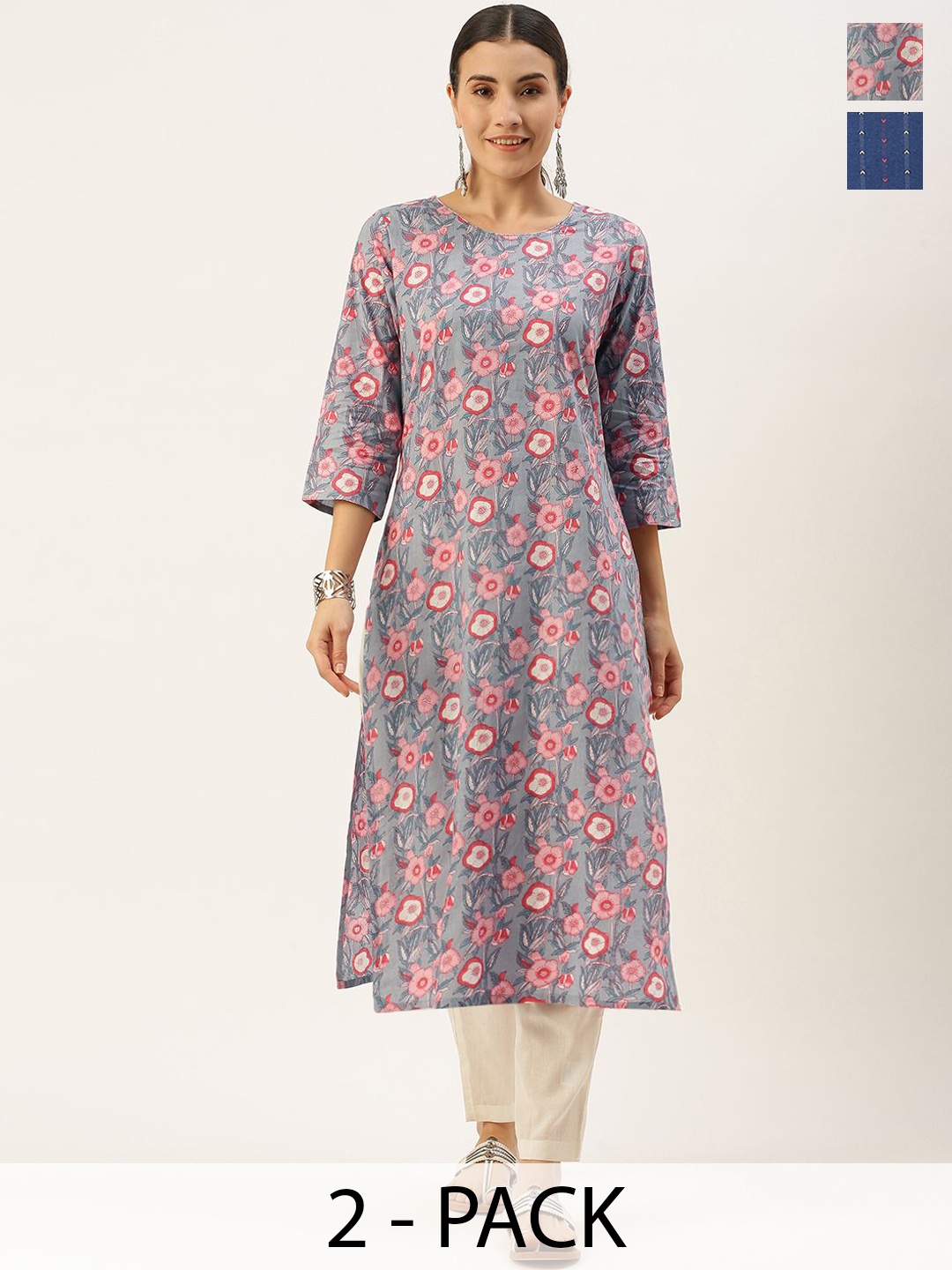 

KALINI Selection Of 2 Floral Round Neck Straight Kurtas with Trousers, Grey