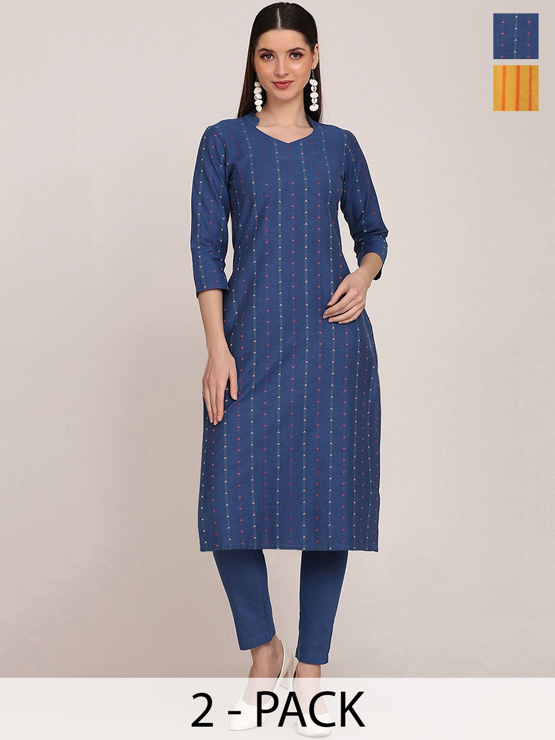 

KALINI Selection Of 2 Striped Mandarin Collar Straight Kurta with Trousers, Blue