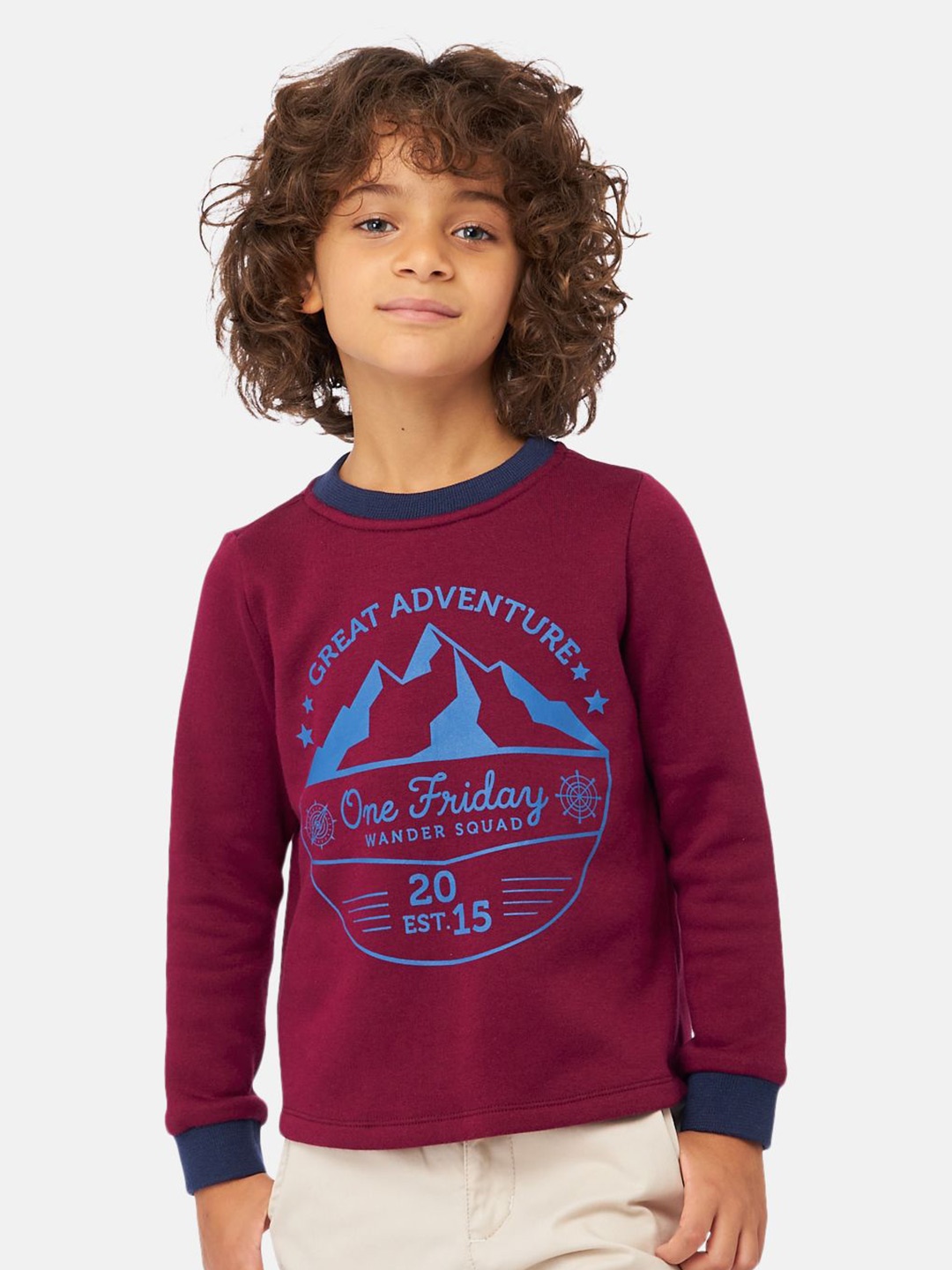 One Friday Boys Graphic Printed Round Neck Cotton T-shirt, Burgundy