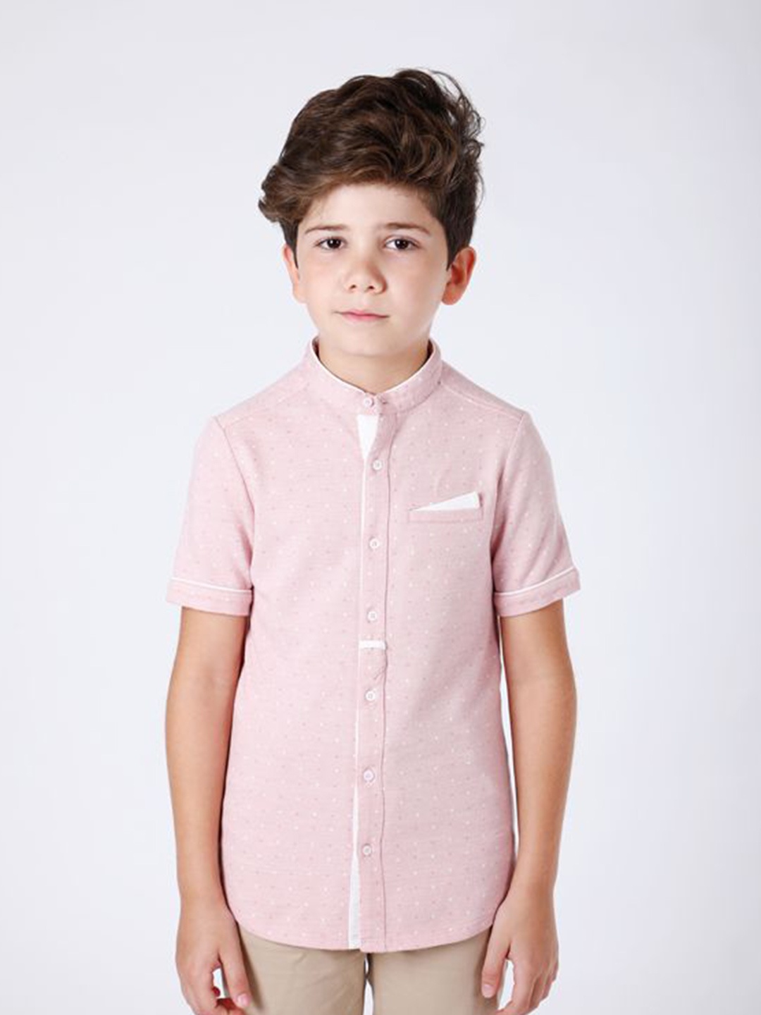 

One Friday Boys Band Collar Polka Dots Casual Shirt, Pink
