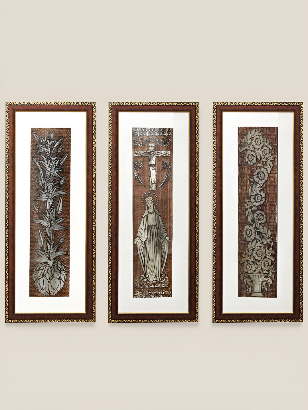 

SHREE KALA HOME DECOR Brown & White 3 Pieces Virgin Mary Religious Painting Wall Arts