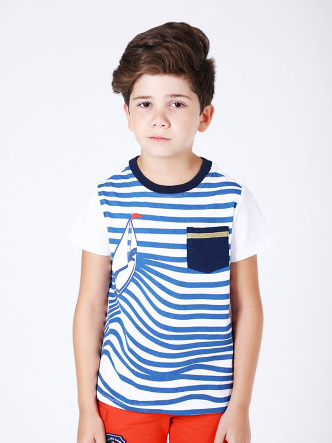 

One Friday Boys Striped Round Neck Pockets Cotton T-shirt, White