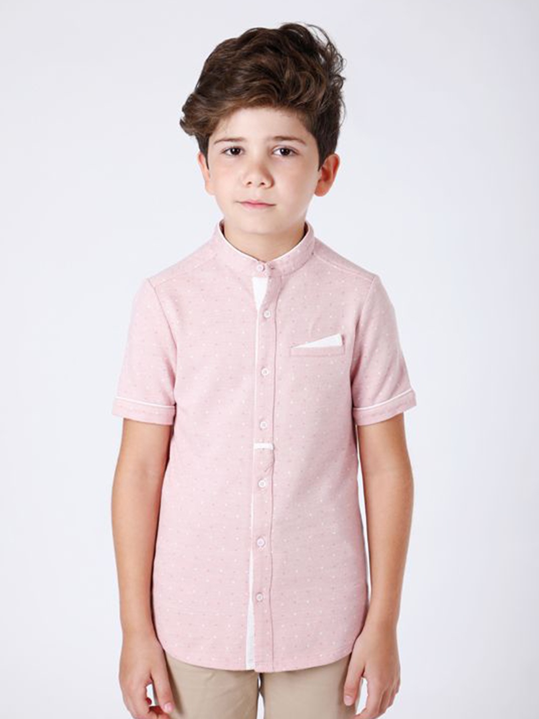 

One Friday Boys Band Collar Polka Dots Casual Shirt, Pink