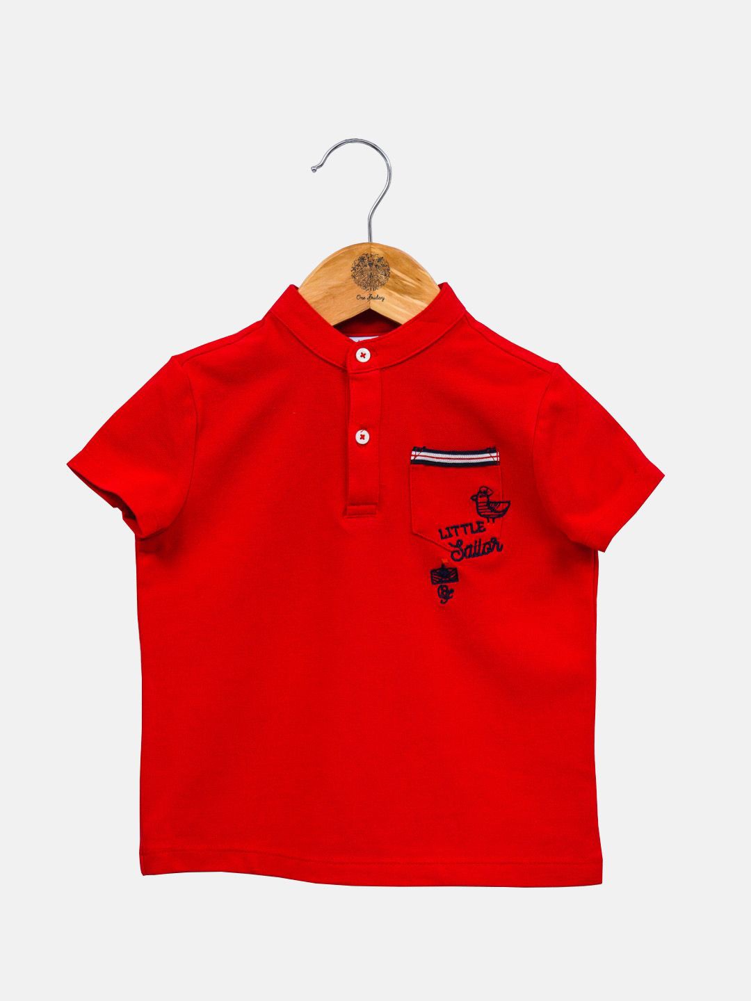 

One Friday Boys Solid Mandarin Collar Cotton T-shirt, Red