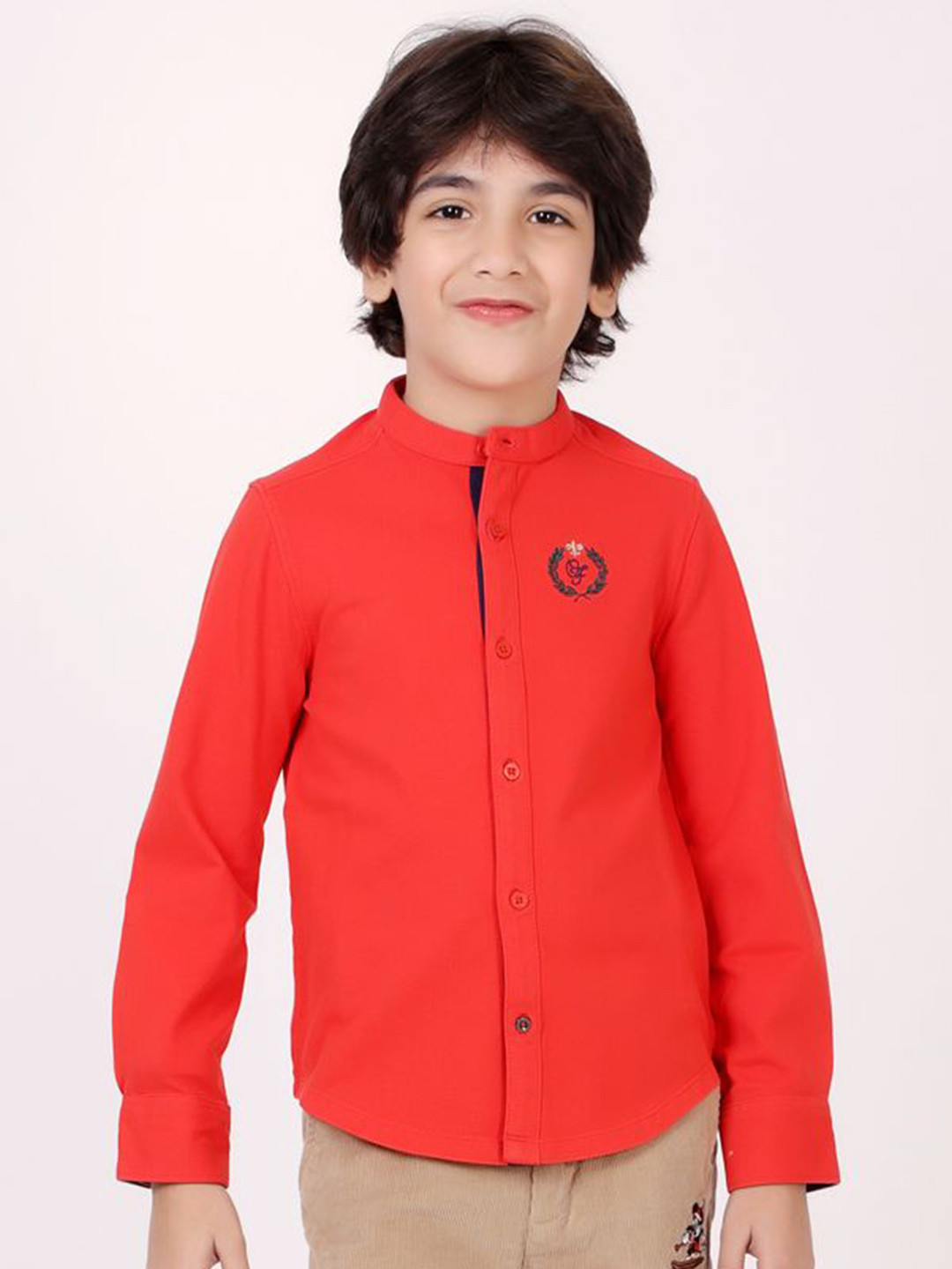 

One Friday Boys Solid Band Collar Cotton Casual Shirt, Red