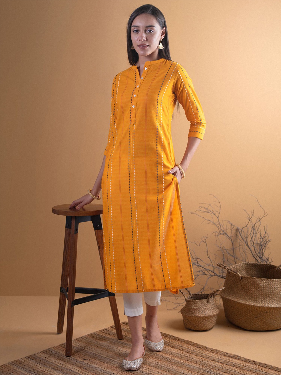 

Libas Striped Printed Embellished Thread Work Mandarin Collar Pure Cotton Straight Kurta, Yellow