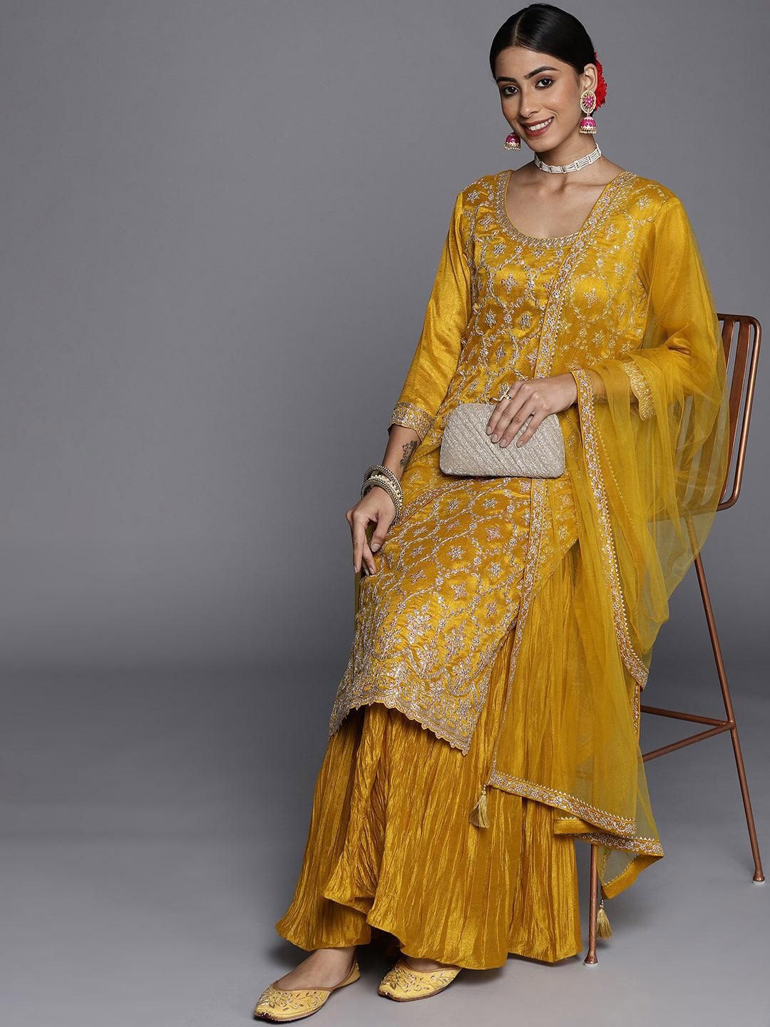 

Libas Floral Embroidered Sequinned Scoop Neck Straight Kurta With Sharara And Dupatta, Mustard