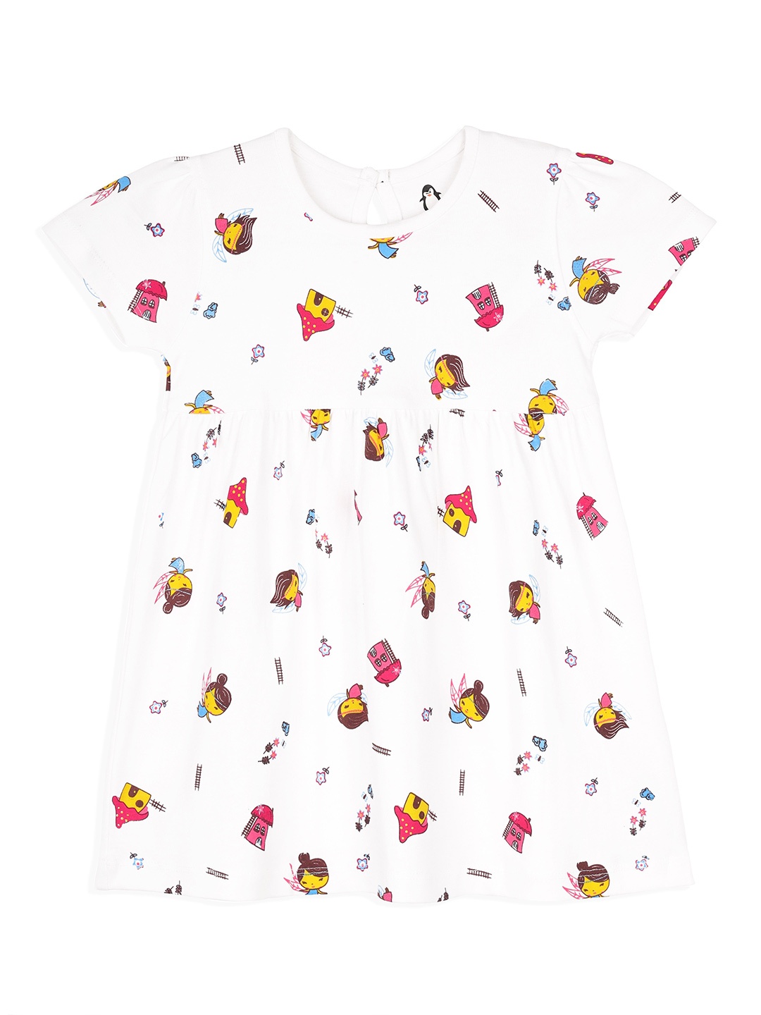 

CRAZYPENGUIN ELITE Girls Cotton Printed Round Neck Fit & Flare Dress, White