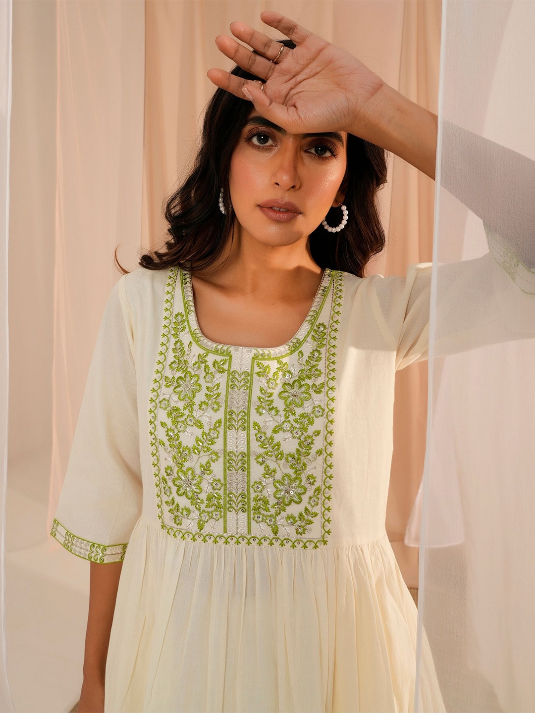 

Libas Floral Embroidered Sequinned Work Scoop Neck Pleated Pure Cotton A-Line Kurta, Off white