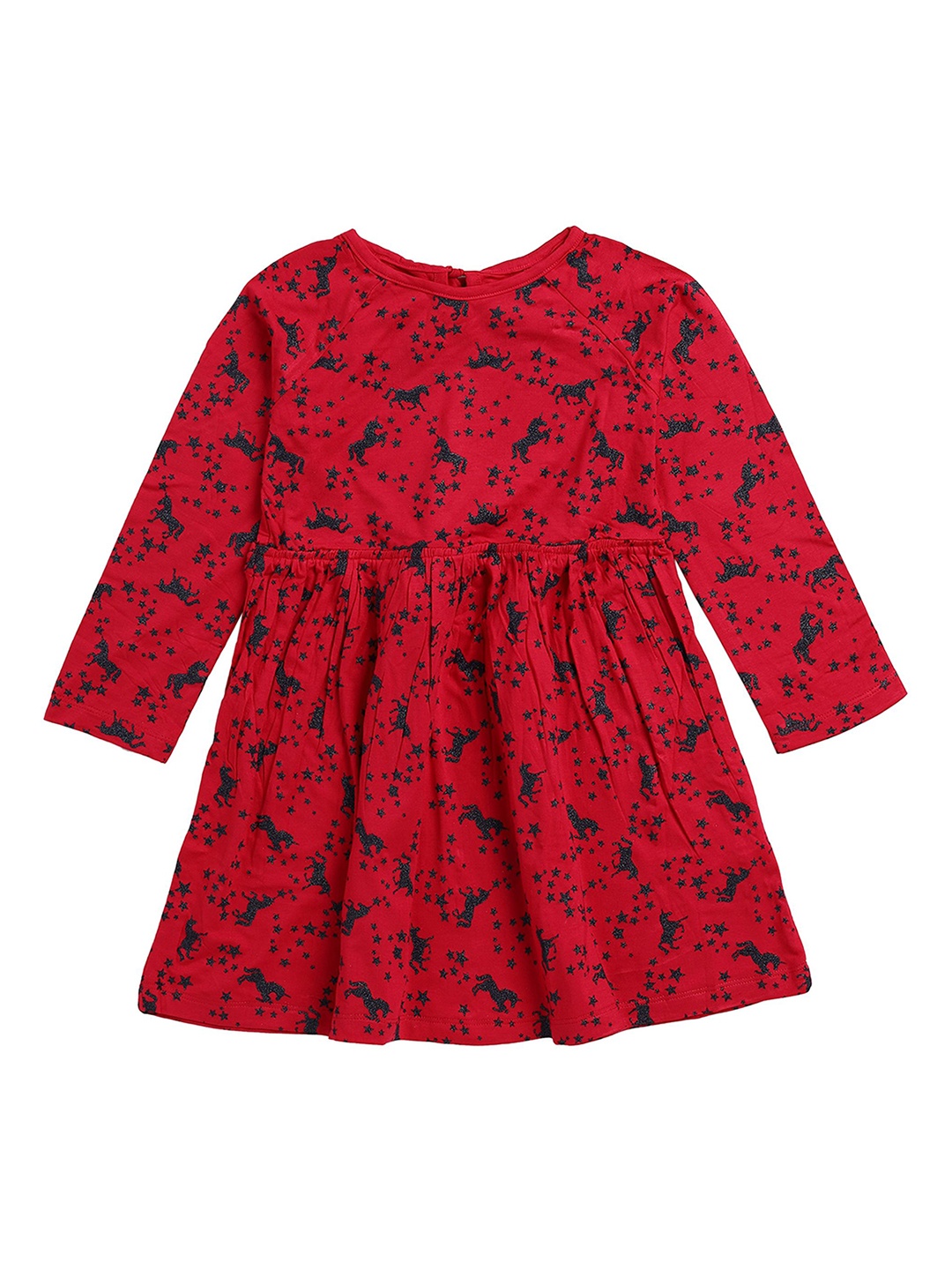 

CRAZYPENGUIN ELITE Girls Printed Round Neck Cotton Fit & Flare Dress, Red