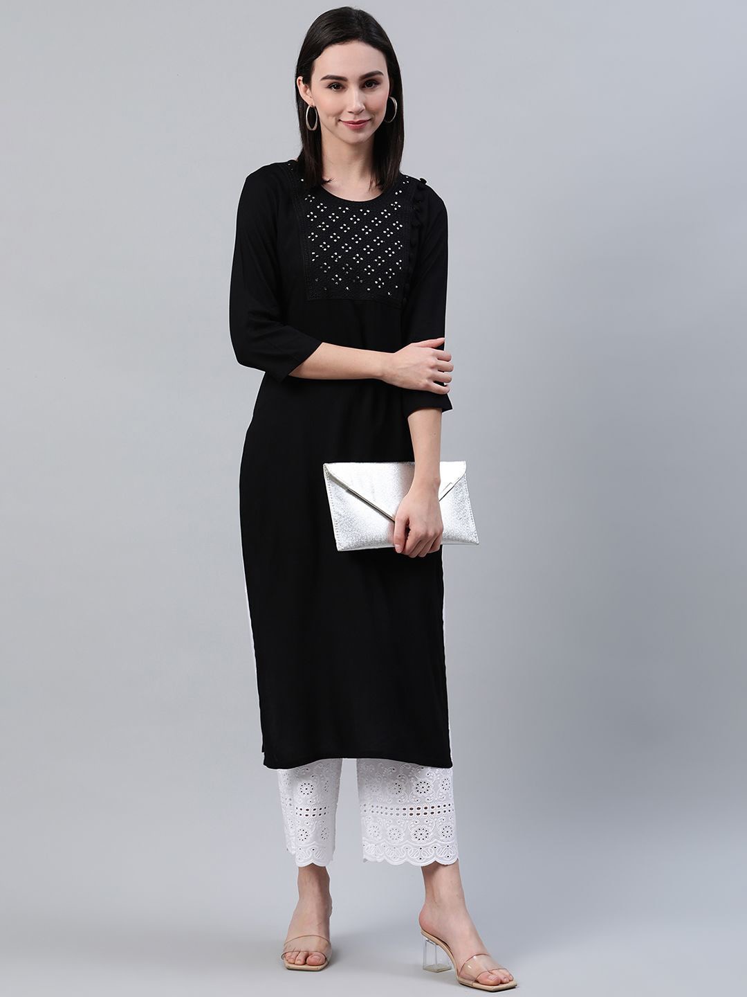 

Libas Geometric Embroidered Mirror Work Straight Kurta, Black