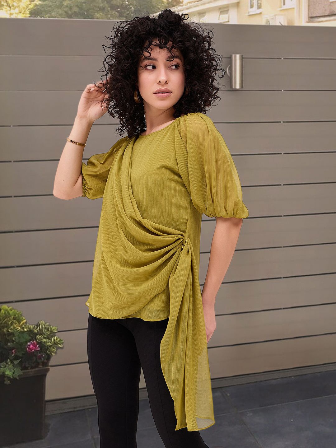 

DressBerry Puff Sleeve Layered Georgette Wrap Top, Olive