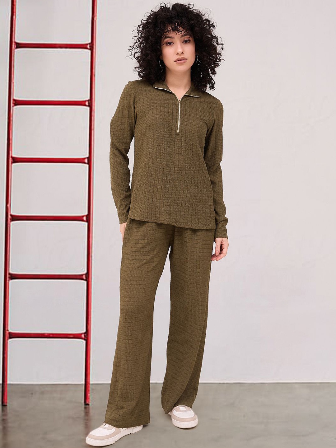 

DressBerry Olive Green Self Design Shirt Collar T-Shirt With Trousers