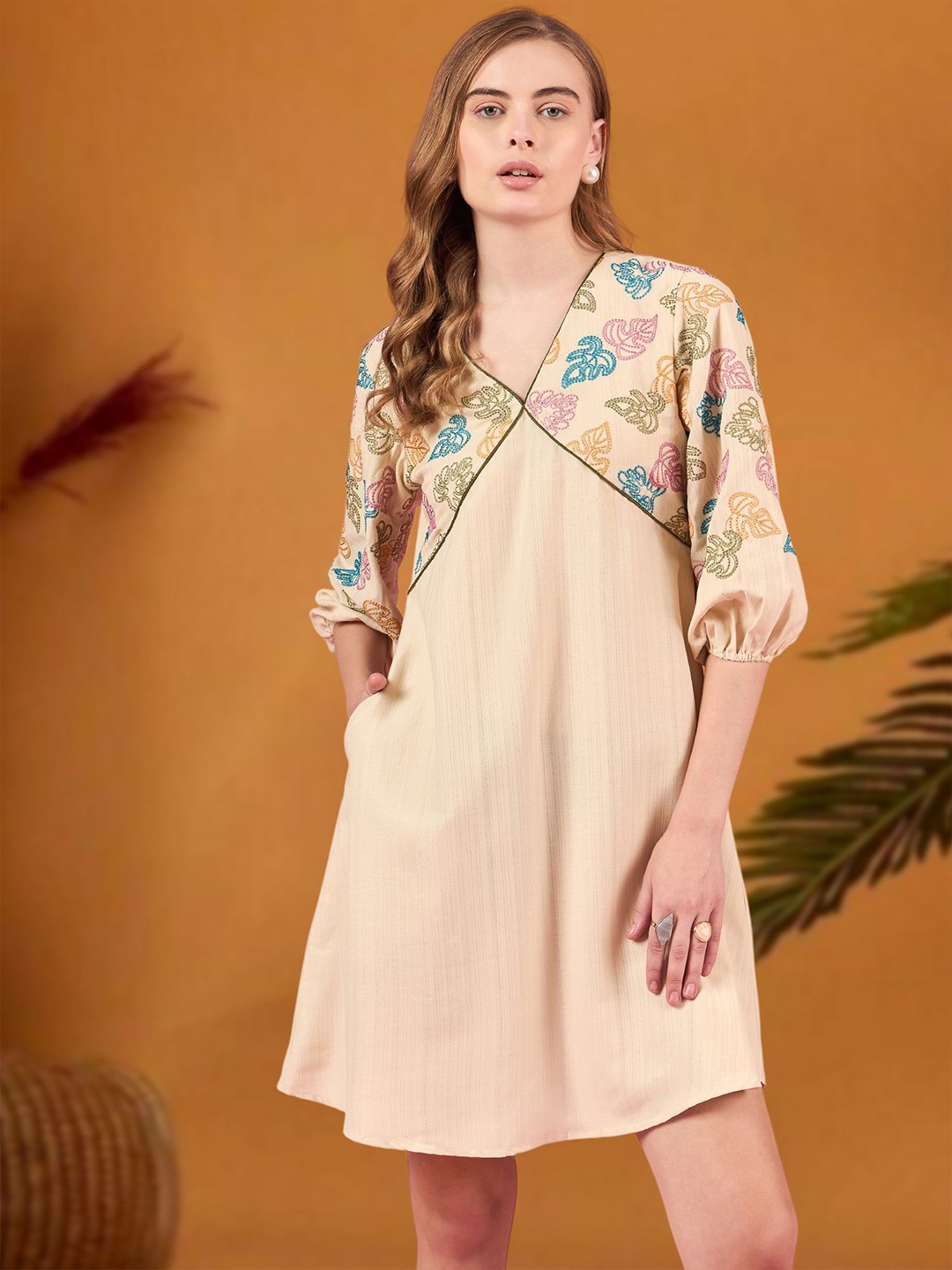 

DressBerry Floral Embroidered A-Line Dress, Beige