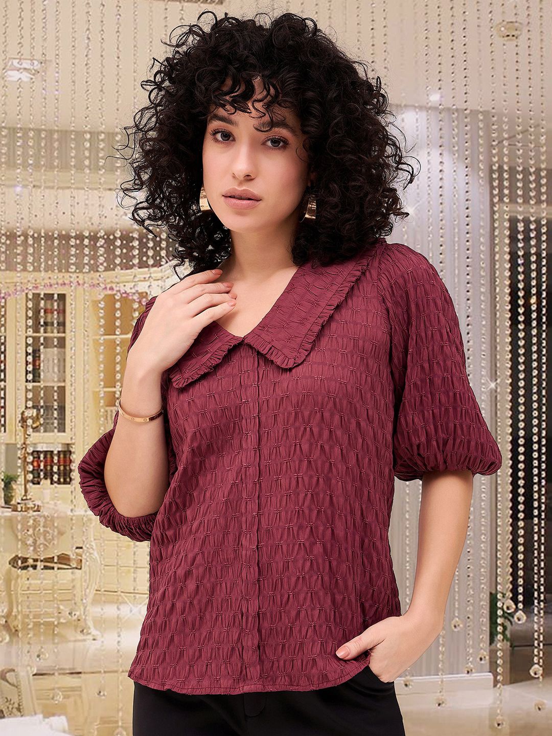 

DressBerry Women Textured Shirt Casual Top, Maroon